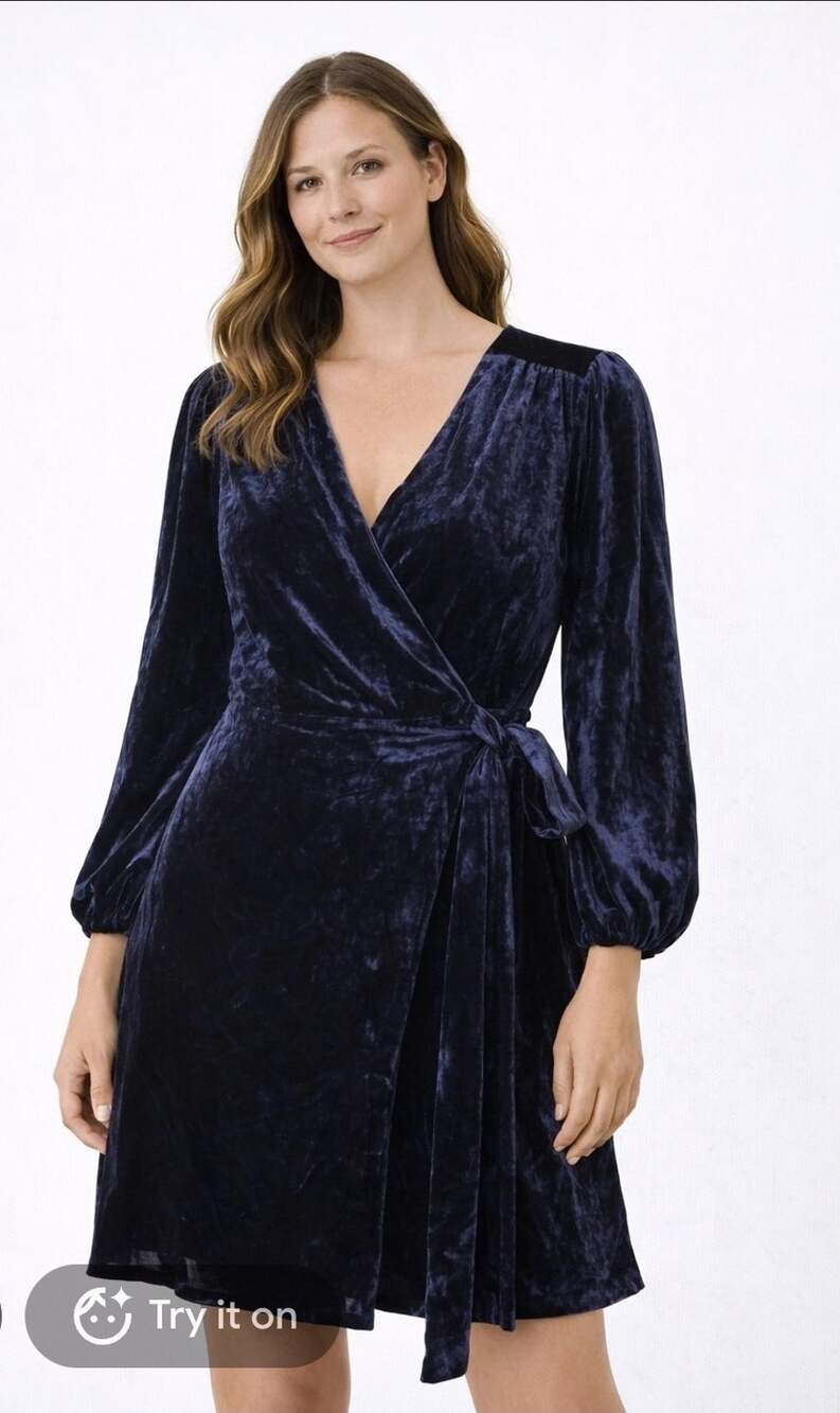 J.CREW Size 24 Wrap Navy Drapey Velvet Long Sleeve Lined Dress